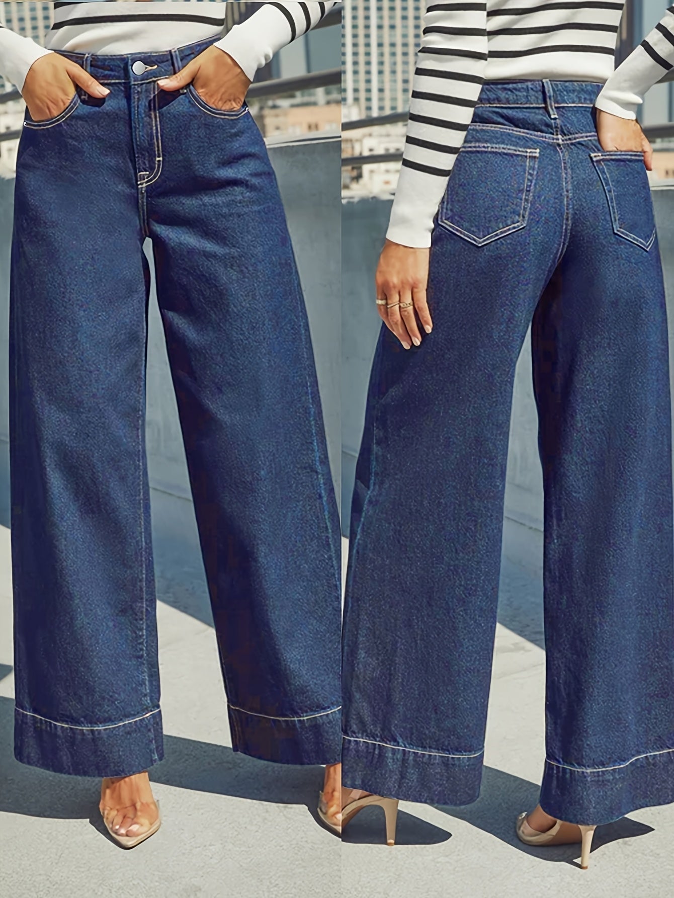 Hochtaillierte, weit geschnittene Stretch-Jeans mit Umschlag am Saum
