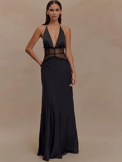 Maxikleid mit Neckholder, Spitzenbesatz und rückenfreiem Design