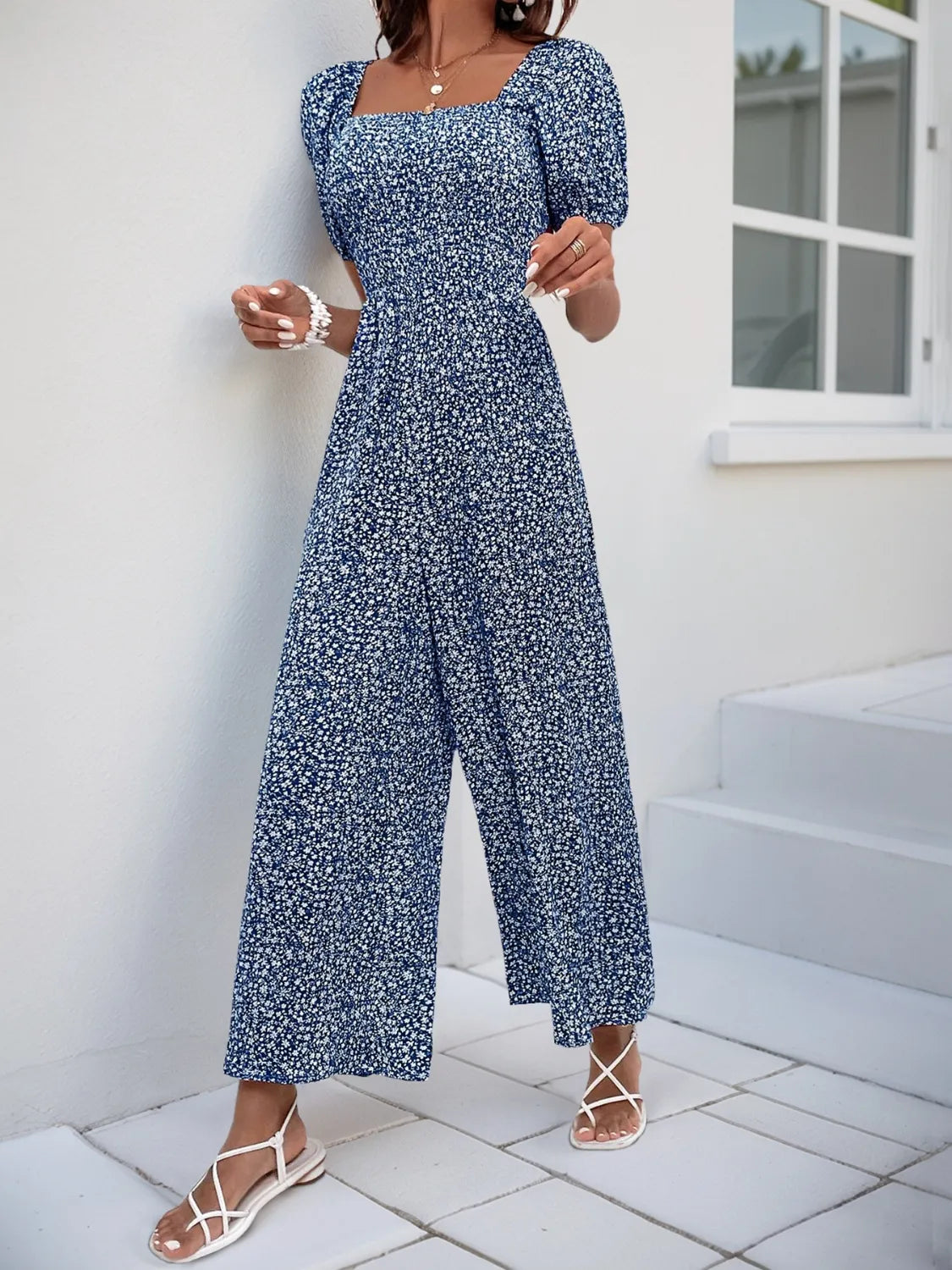 Damen Jumpsuit mit bedrucktem Karree-Ausschnitt und Puffärmeln