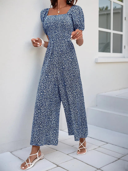 Damen Jumpsuit mit bedrucktem Karree-Ausschnitt und Puffärmeln