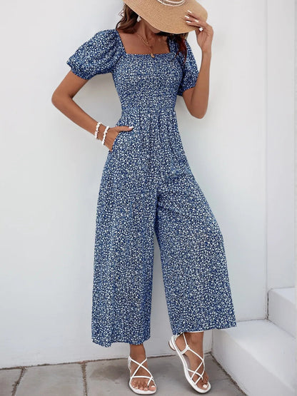 Damen Jumpsuit mit bedrucktem Karree-Ausschnitt und Puffärmeln