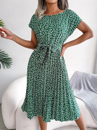 Geblümtes Plissee A-Linien Maxikleid