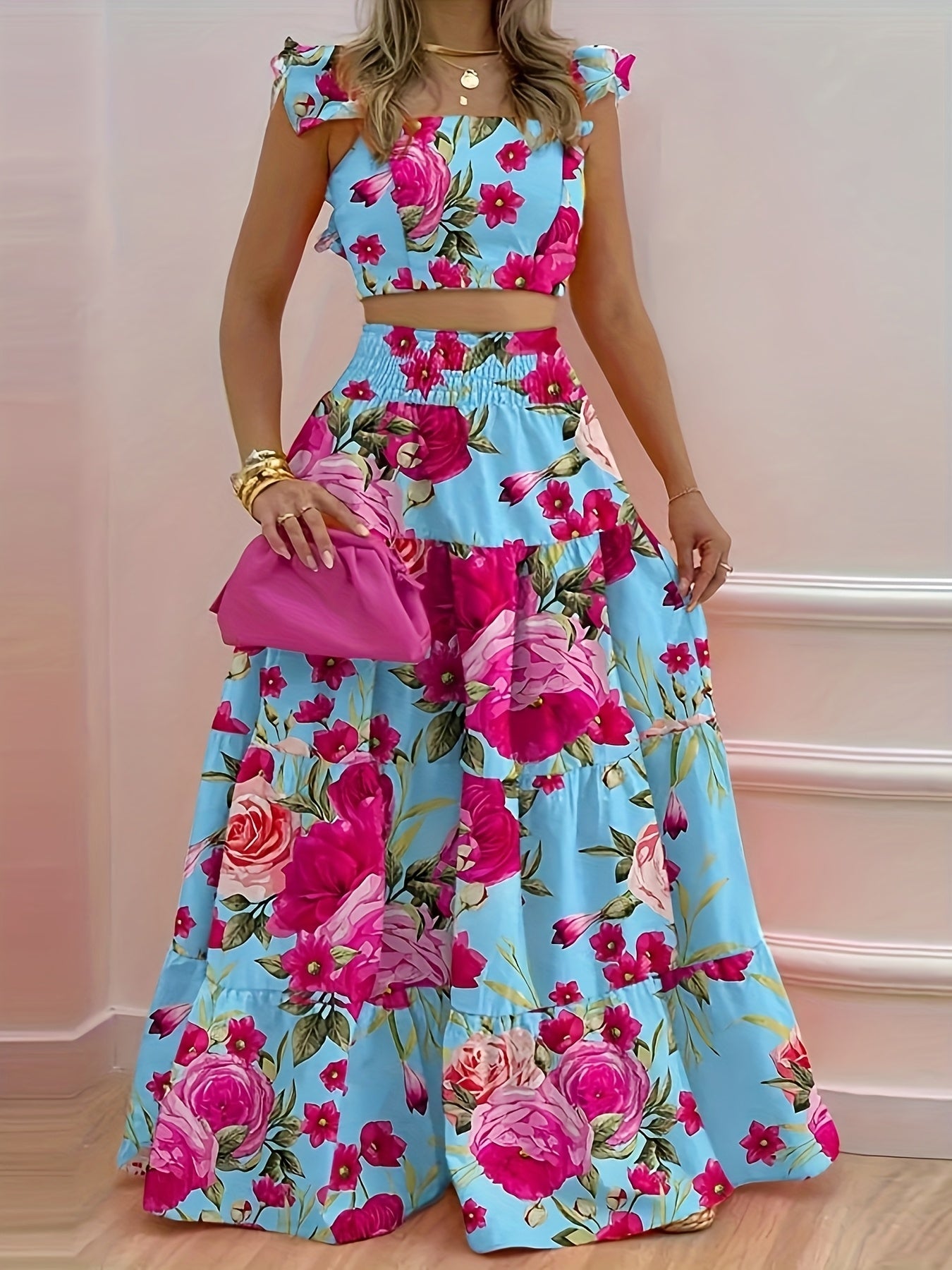 Blumiges Rüschen-Bustier-Top und ausgestelltes Maxirock-Set