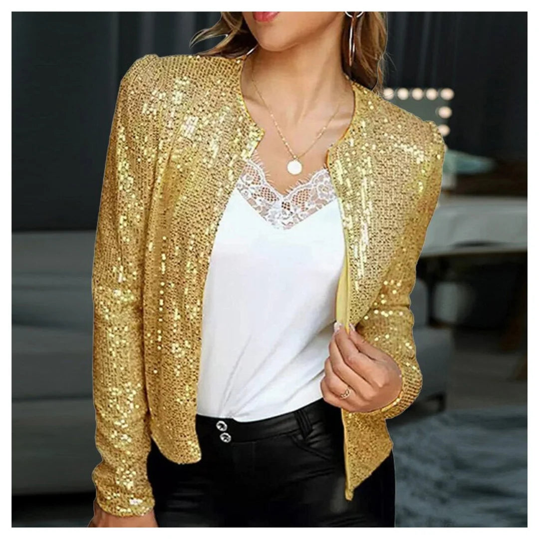 Glänzende Pailletten-Partyjacke mit Frontreißverschluss