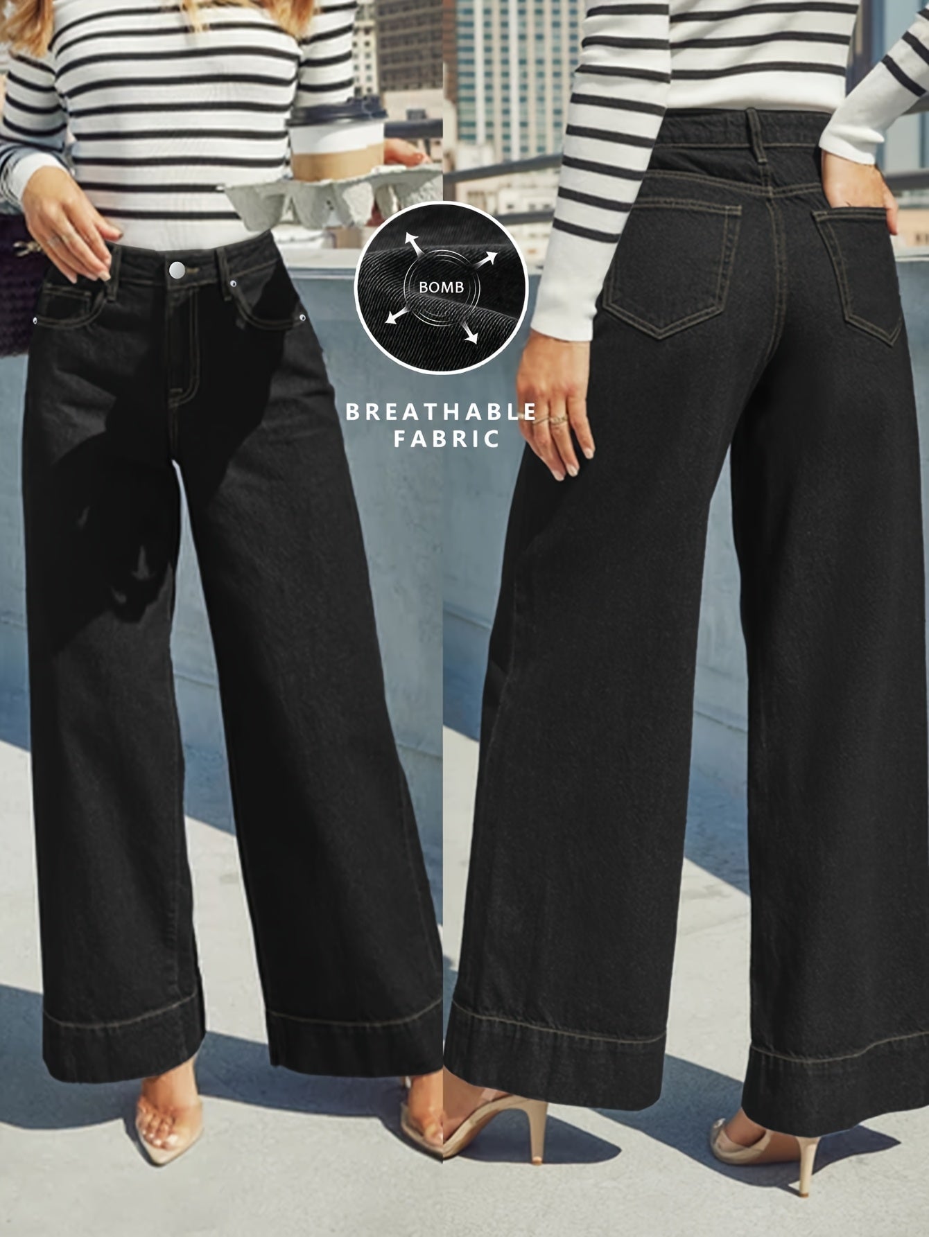 Hochtaillierte, weit geschnittene Stretch-Jeans mit Umschlag am Saum