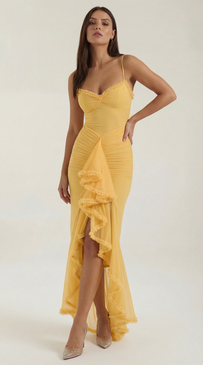 Damen Maxikleid mit Volants und asymmetrischem Saum