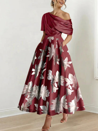 Ein-Schulter Bedrucktes Blumen A-Linien Kleid für die Mutter der Braut