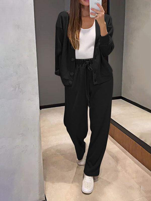 Gemütliches legeres V-Ausschnitt Pullover- und Hosen-Set
