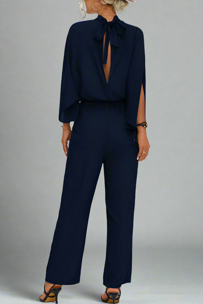 Damen Einfarbiger Jumpsuit mit Schnürung, Rückenschlitz und Langarm