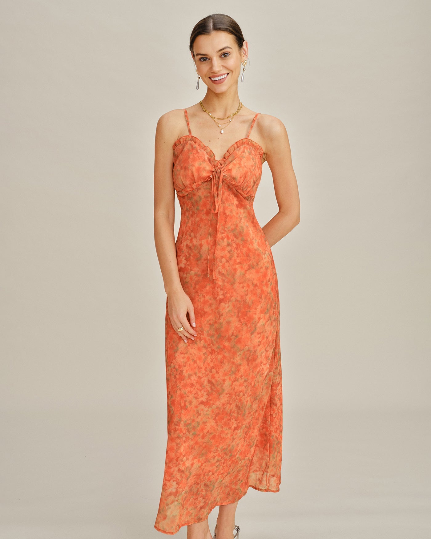 Orangefarbenes Blumenmuster A-Linien Trägerkleid