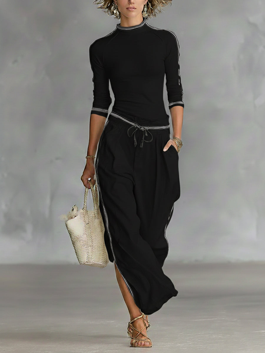 Damen Set aus gemütlichem Stretch-Strickoberteil und Leinen-Baumwollhose
