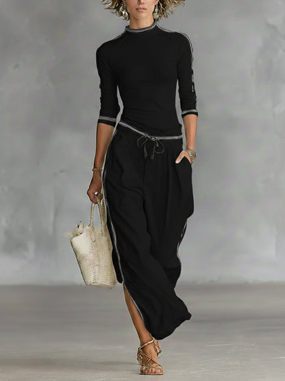Damen Set aus gemütlichem Stretch-Strickoberteil und Leinen-Baumwollhose