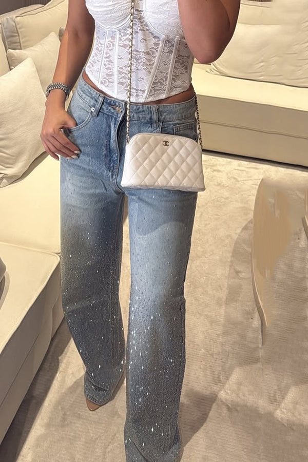 Rhinestone High Waist Gerade Locker Lässige Jeans mit Taschen