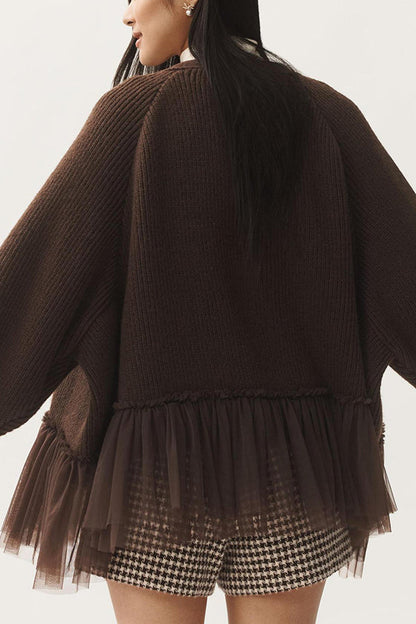 Mesh-Rüschen-Strickcardigan mit langen Ärmeln