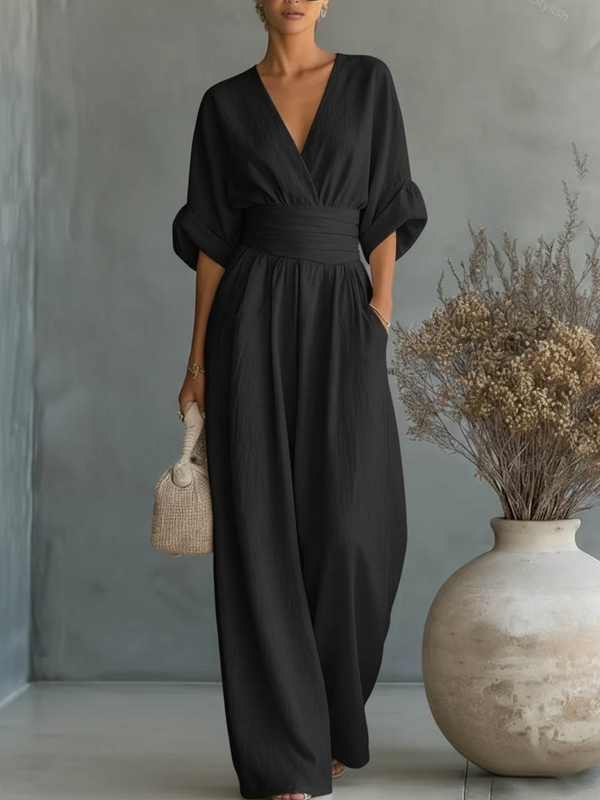 Eleganter Overall mit V-Ausschnitt, hoher Taille und weitem Bein