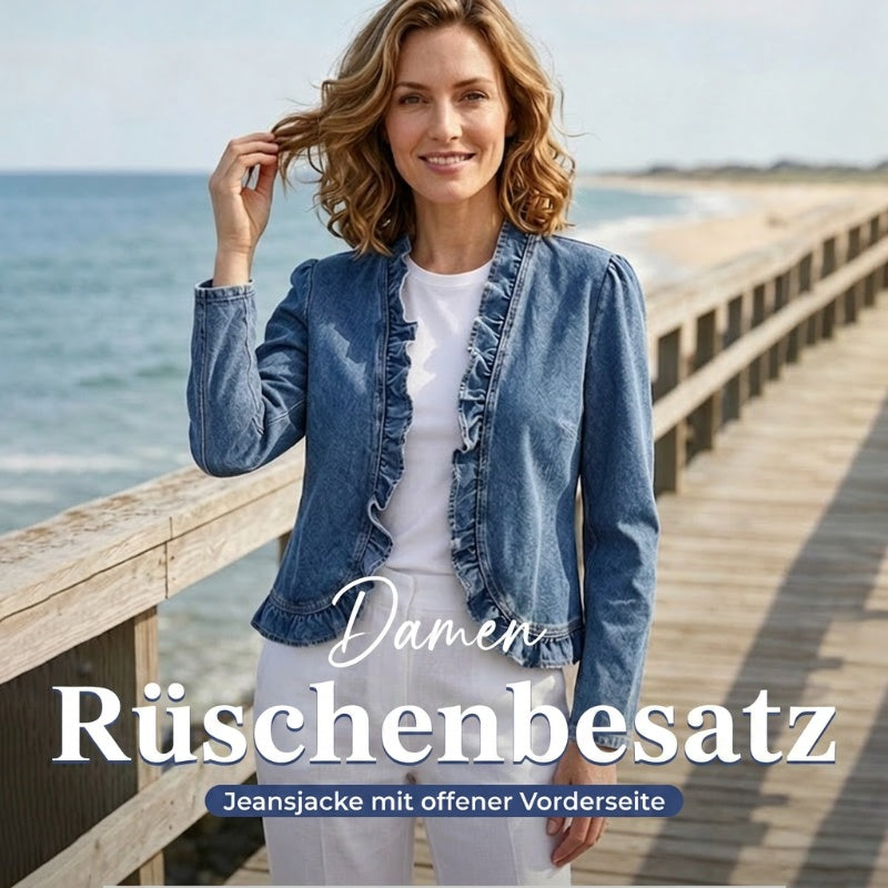 Damen-Jeansjacke mit Rüschensaum und offenem Frontverschluss