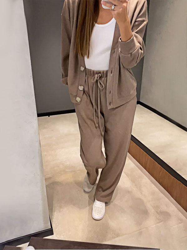 Gemütliches legeres V-Ausschnitt Pullover- und Hosen-Set