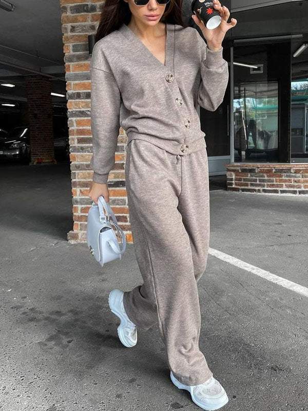 Gemütliches legeres V-Ausschnitt Pullover- und Hosen-Set