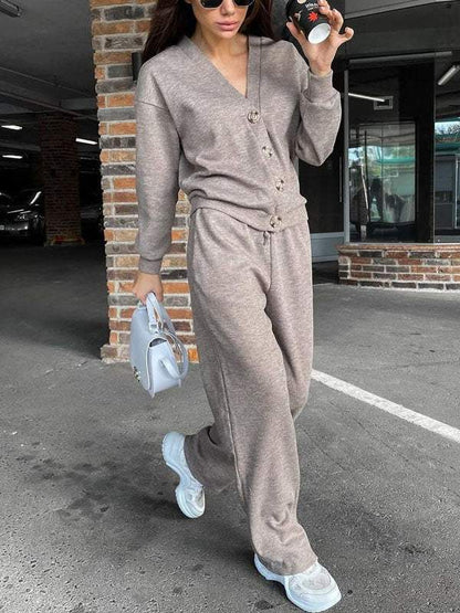 Gemütliches legeres V-Ausschnitt Pullover- und Hosen-Set
