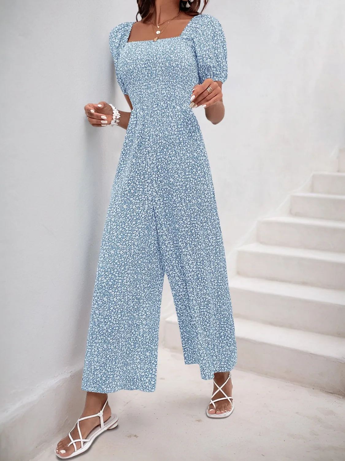 Damen Jumpsuit mit bedrucktem Karree-Ausschnitt und Puffärmeln