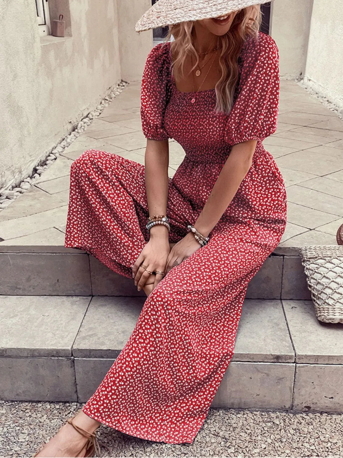 Damen Jumpsuit mit bedrucktem Karree-Ausschnitt und Puffärmeln