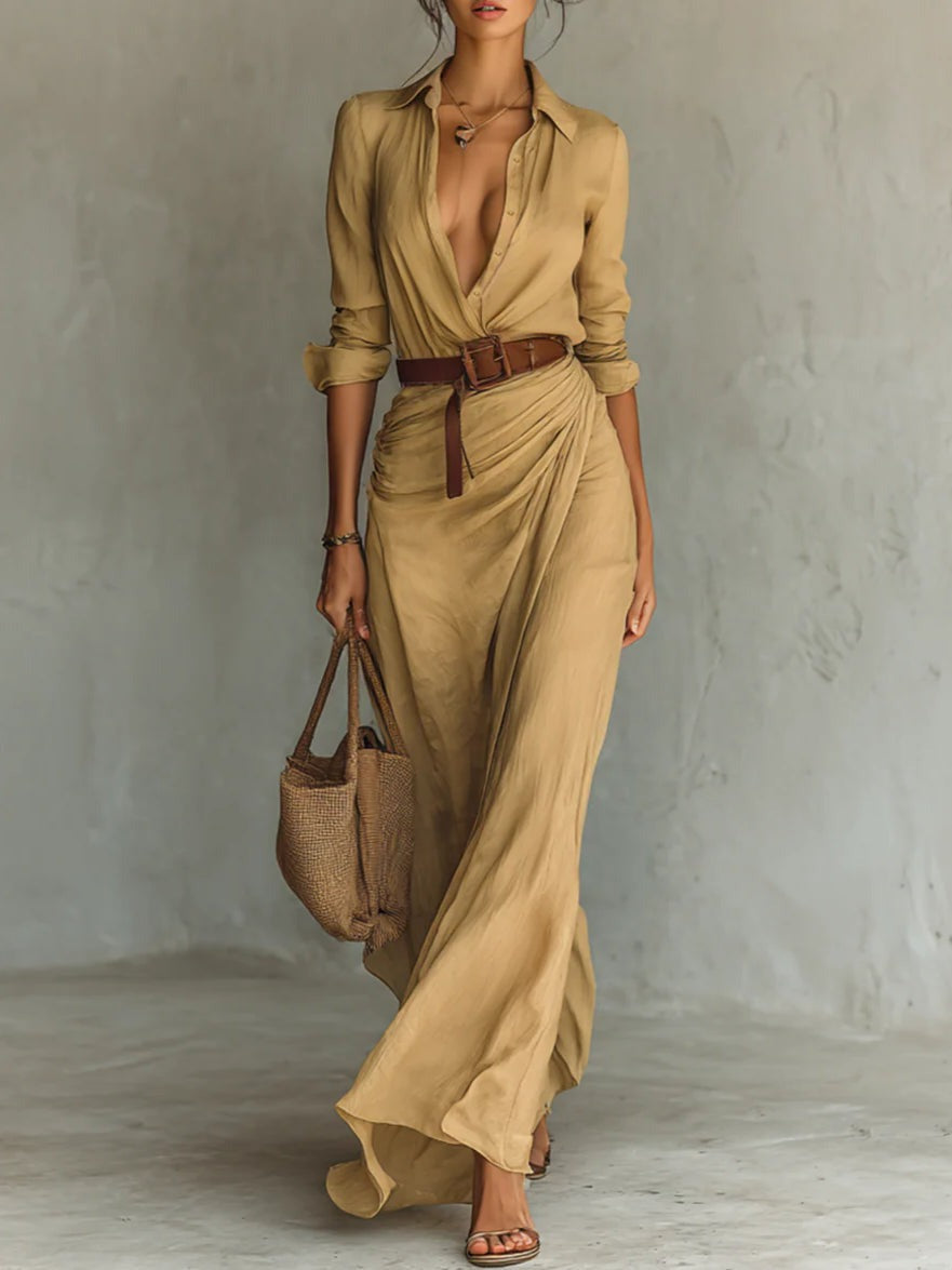 Elegantes, langärmliges, tailliertes Maxikleid mit Reverskragen