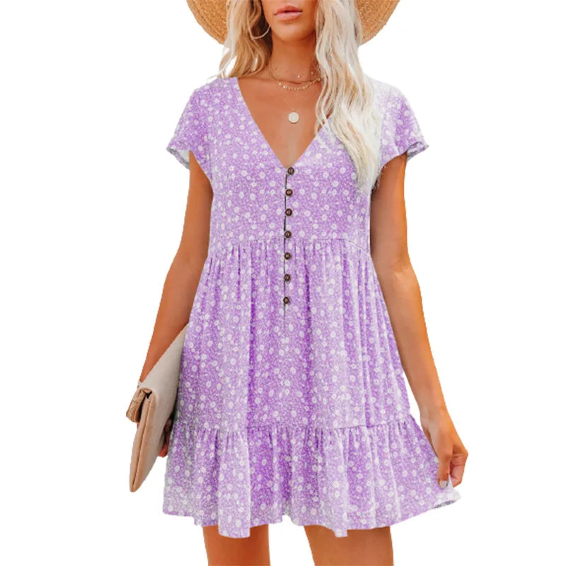 Damen Sommer Blumen V-Ausschnitt A-Linien Minikleid