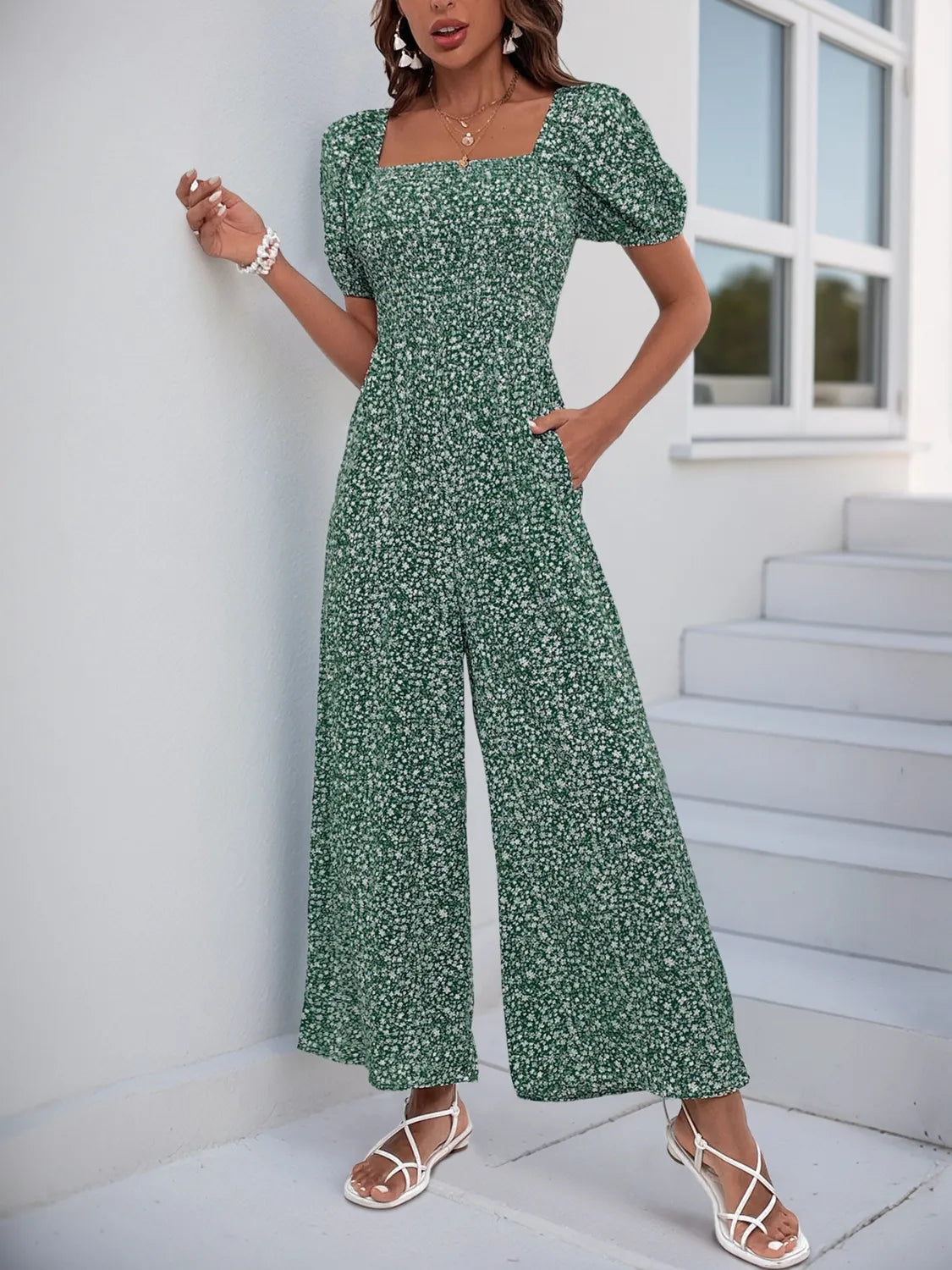 Damen Jumpsuit mit bedrucktem Karree-Ausschnitt und Puffärmeln