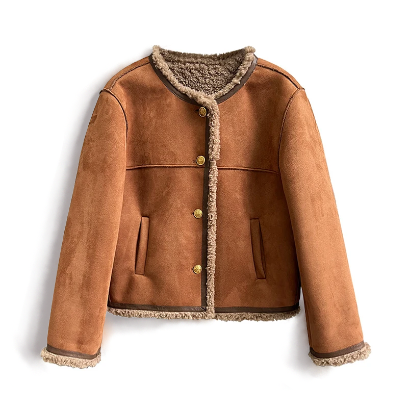 Gemütliche braune Fleece-gefütterte Jacke zum Knöpfen