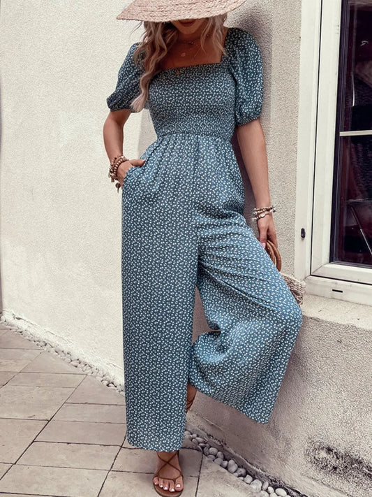 Damen Jumpsuit mit bedrucktem Karree-Ausschnitt und Puffärmeln