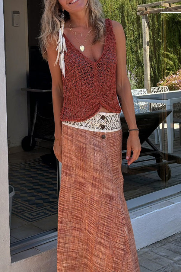 Boho Gestricktes V-Ausschnitt Hohl Lockeres Tanktop