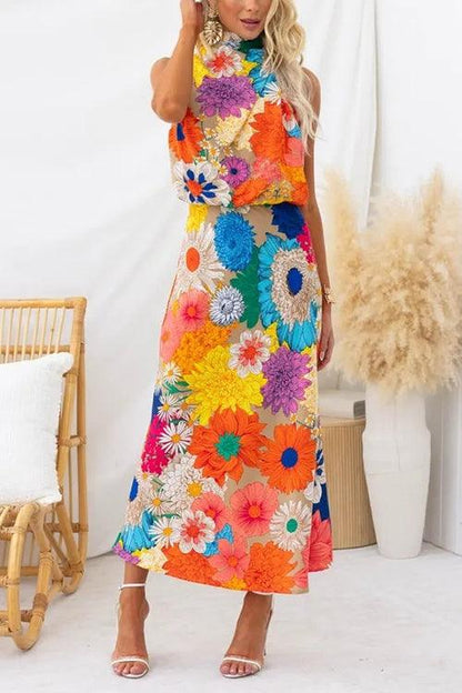 Ärmelloses Maxi-Kleid mit Blumenmuster und Schleifenkragen
