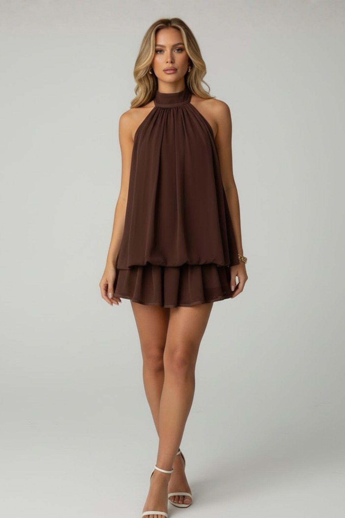 Ärmelloses Damen-Minikleid mit Neckholder und doppeltem Volant-Saum