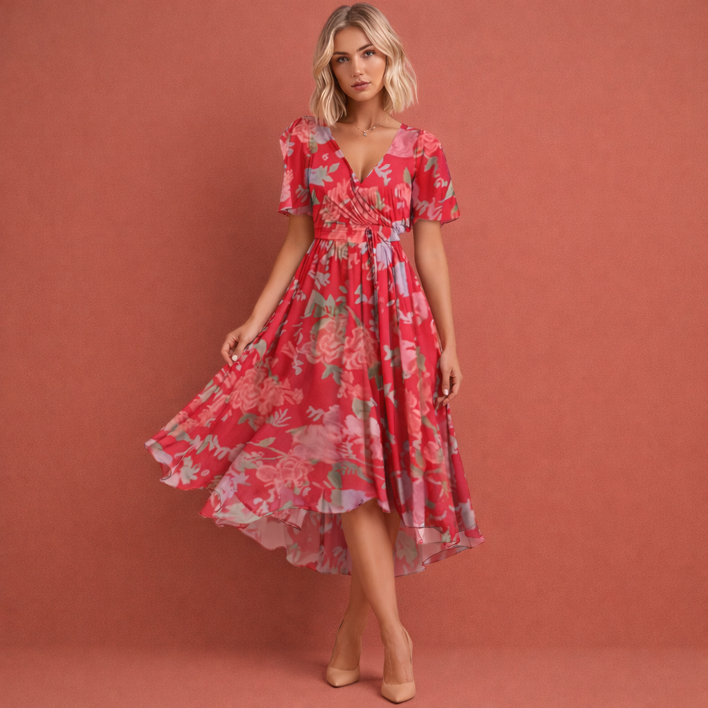 Midikleid mit Blumenmuster und kurzen Ärmeln für Damen