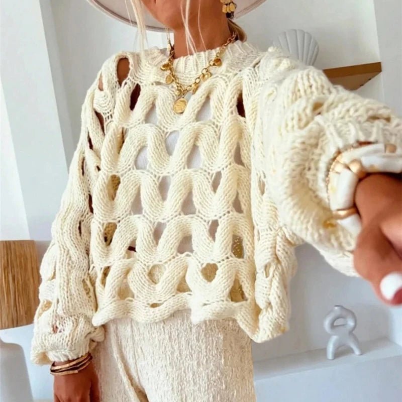 Damen Pullover mit langen Ärmeln und Häkelstrickmuster
