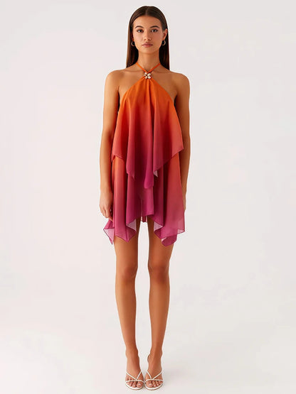 Rosa Farbverlauf Mini Kleid mit Rüschensaum