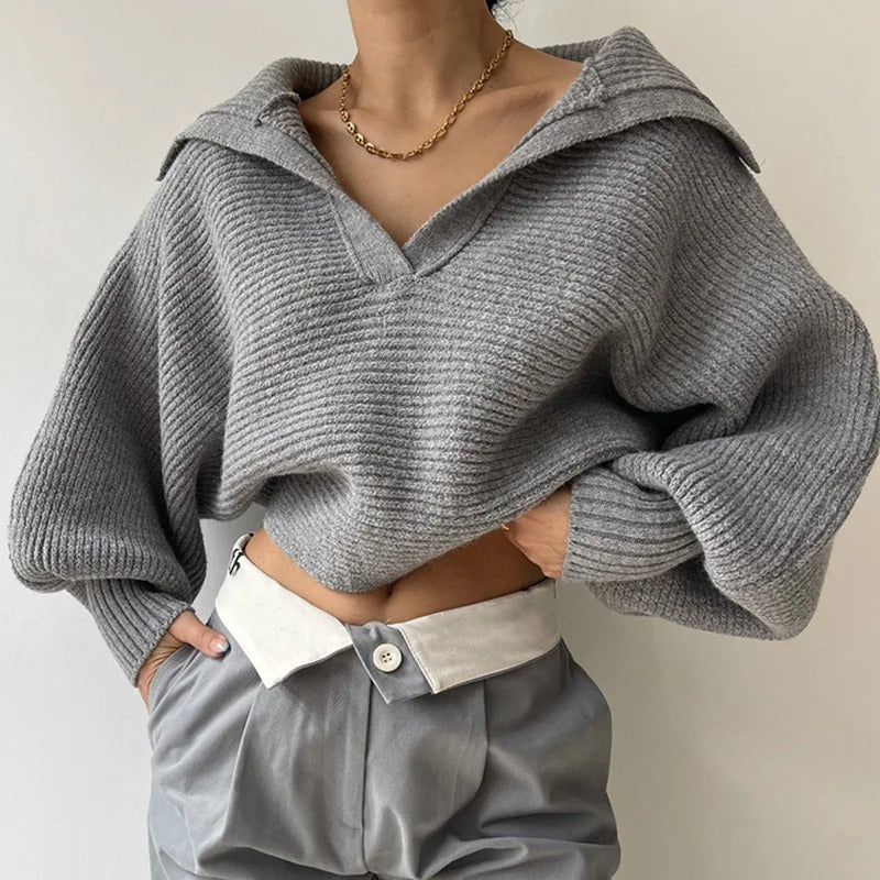 Gemütlicher Strickpullover mit Laternenärmeln und offenem Kragen