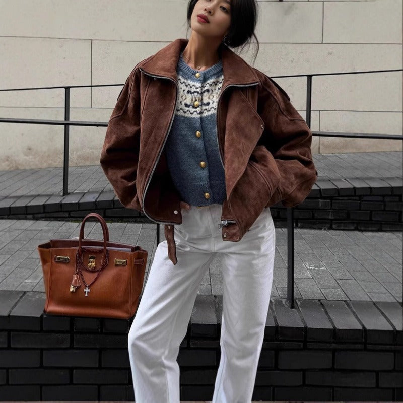 Oversize Bomberjacke im Wildleder-Look mit asymmetrischem Reißverschluss