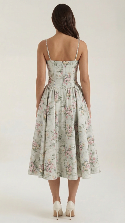 Damen Midikleid mit Blumenmuster und Korsett sowie herzförmigem Ausschnitt