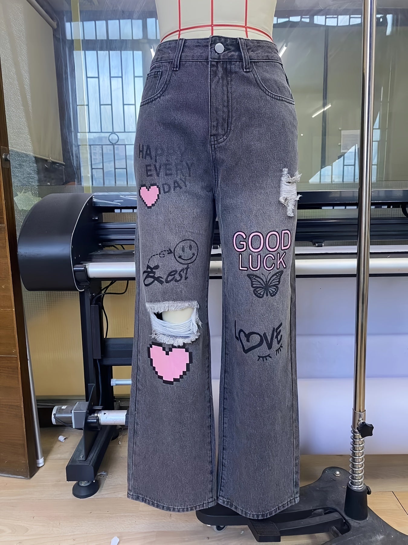 High-Waist Weitbein Grafik Denim Jeans