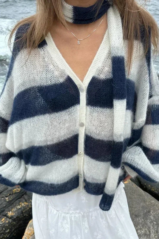 Gestreifter V-Ausschnitt Lockerer Strickcardigan