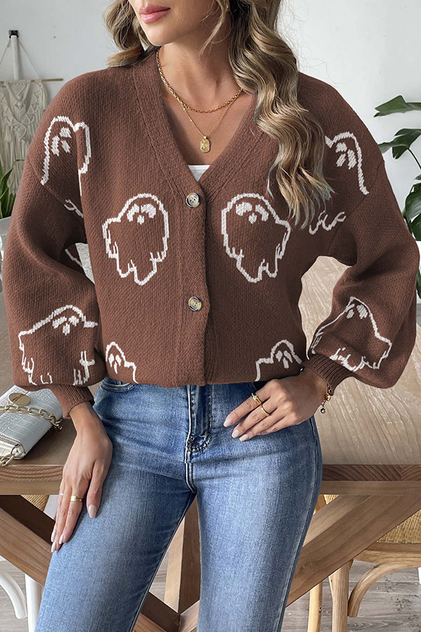 Gemütlicher gestrickter Halloween-Geister-Pullover mit Knopfleiste