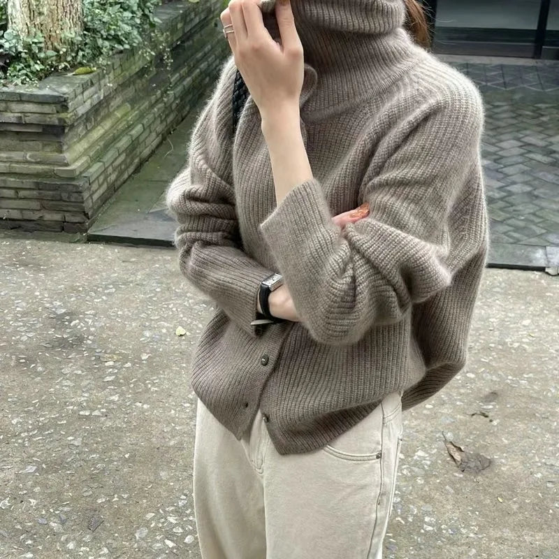 Gemütlicher Strickpullover mit Knöpfen und Rollkragen