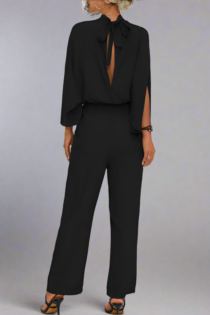 Damen Einfarbiger Jumpsuit mit Schnürung, Rückenschlitz und Langarm