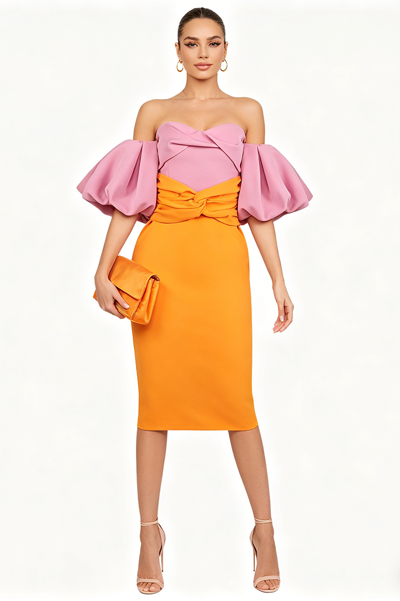 Midi-Kleid mit farbigen Puffärmeln