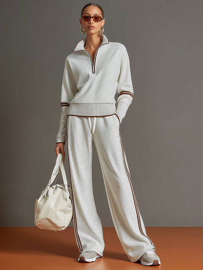 Pullover mit halbem Reißverschluss & Hose mit weitem Bein Set
