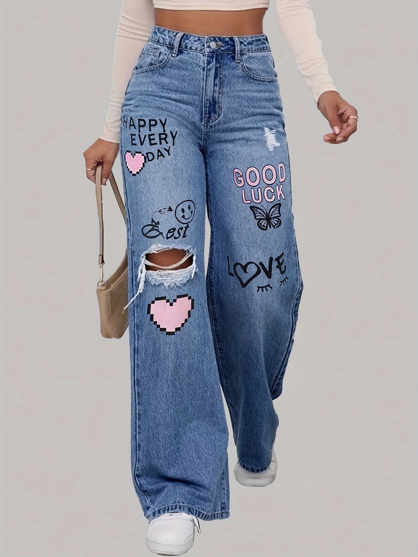 High-Waist Weitbein Grafik Denim Jeans