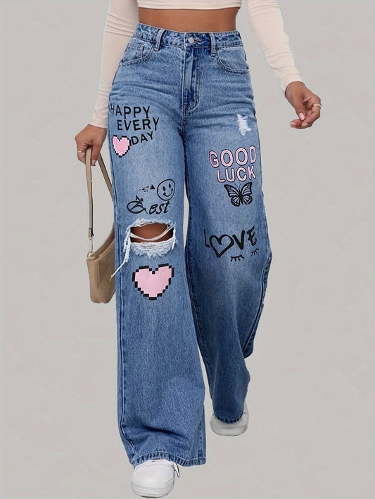 High-Waist Weitbein Grafik Denim Jeans