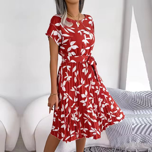 Geblümtes Plissee A-Linien Maxikleid