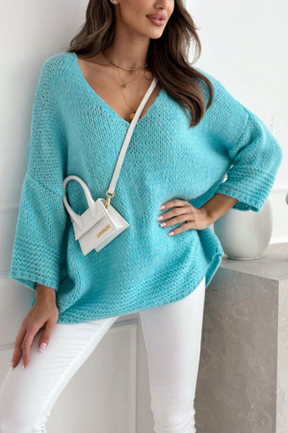 Gemütlicher Weiter V-Ausschnitt Lässiger Grobstrickpullover